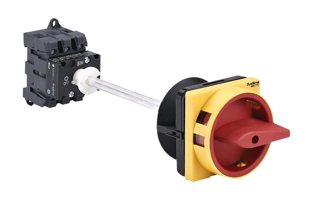 ВЫКЛЮЧАТЕЛЬ-РАЗЪЕДИНИТЕЛЬ 3P 32A IP40 С КРАСНОЙ ВЫНОСНОЙ РУКОЯТКОЙ НА ДИН-РЕЙКЕ/ПЛАТЕ С ЗАМКОМ