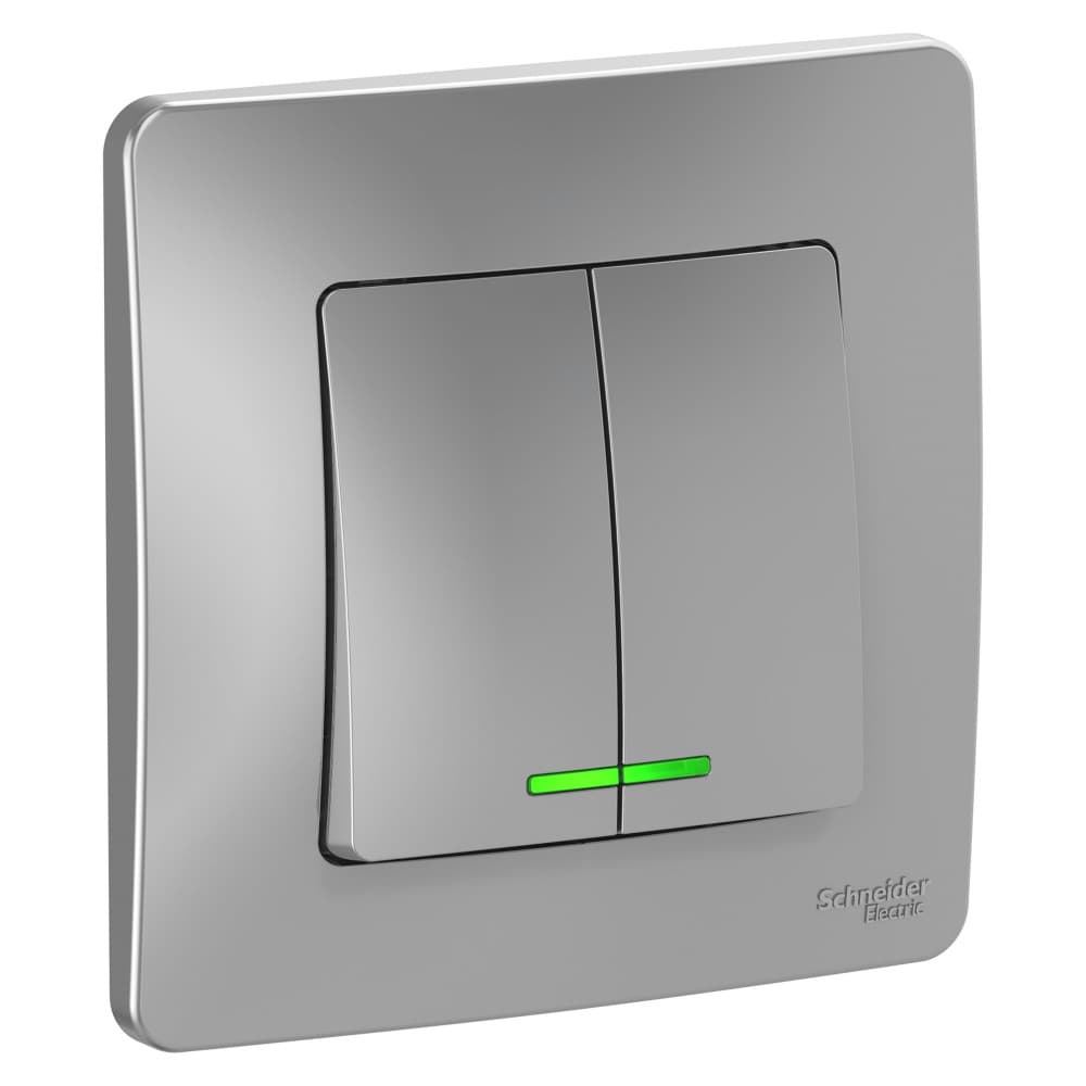 Выключатель Schneider Electric BLANCA 2х-клав. с подсвет. С/У 10АХ/250B АЛЮМИНИЙ